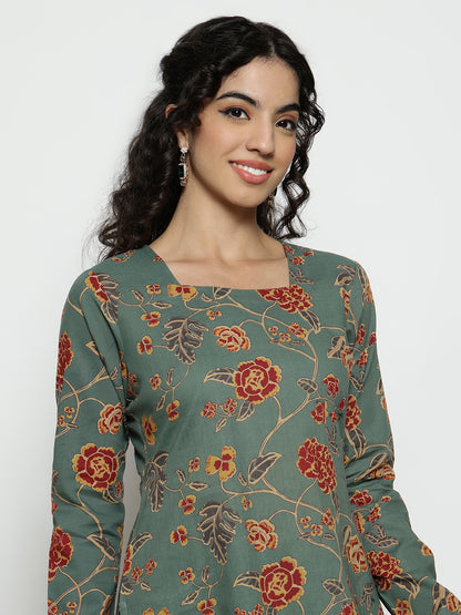 Pista Floral Straight Cotton Stitched Kurta