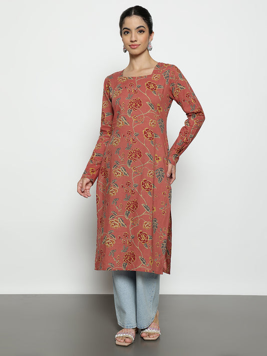 Peach Floral Straight Cotton Stitched Kurta
