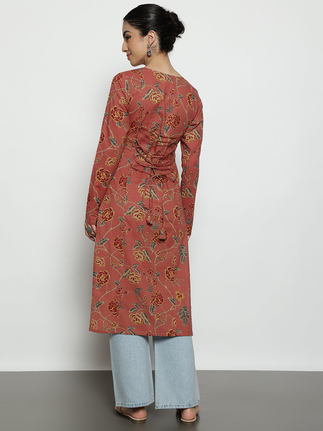 Peach Floral Straight Cotton Stitched Kurta