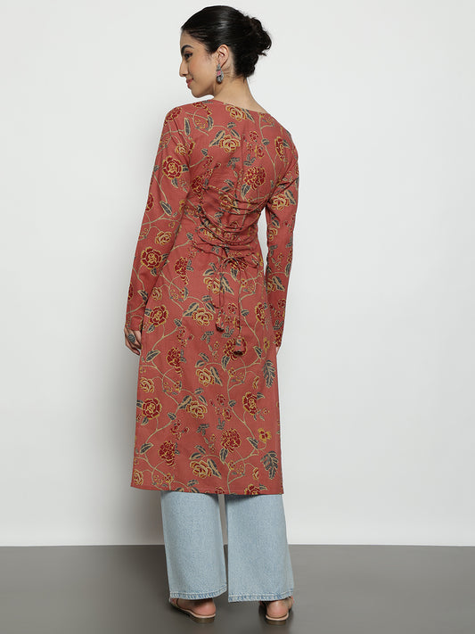 Peach Floral Straight Cotton Stitched Kurta