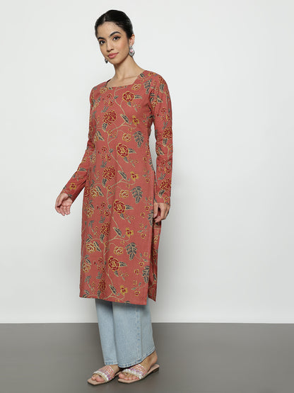 Peach Floral Straight Cotton Stitched Kurta
