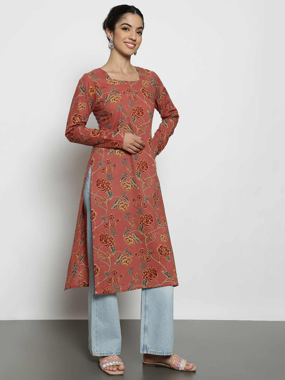 Peach Floral Straight Cotton Stitched Kurta