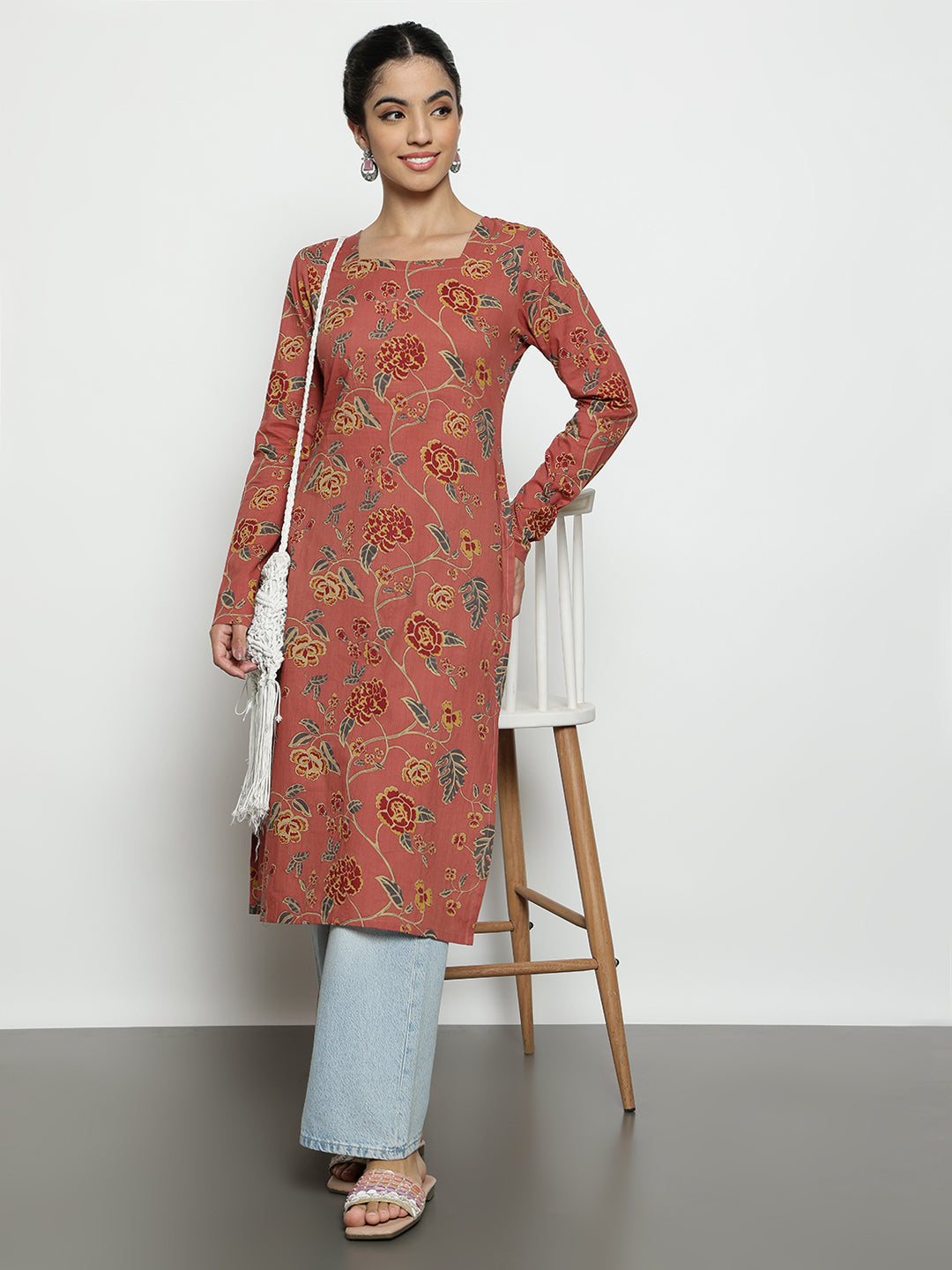 Peach Floral Straight Cotton Stitched Kurta