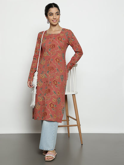 Peach Floral Straight Cotton Stitched Kurta