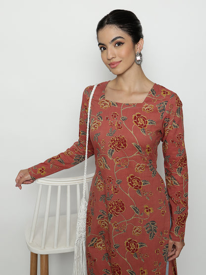 Peach Floral Straight Cotton Stitched Kurta