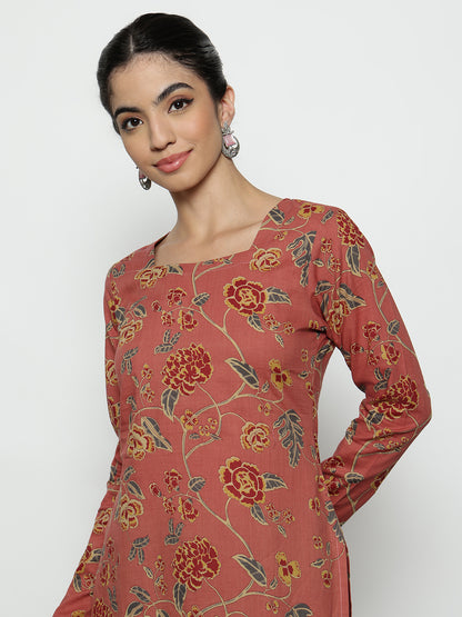 Peach Floral Straight Cotton Stitched Kurta