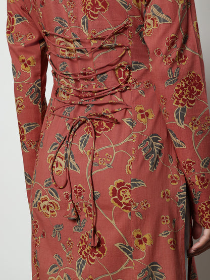 Peach Floral Straight Cotton Stitched Kurta