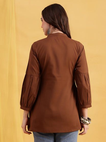 Brown Solid A-Line Cotton Stitched Tunic