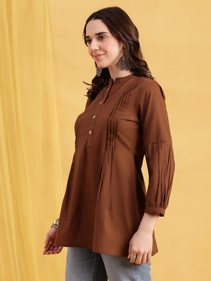 Brown Solid A-Line Cotton Stitched Tunic