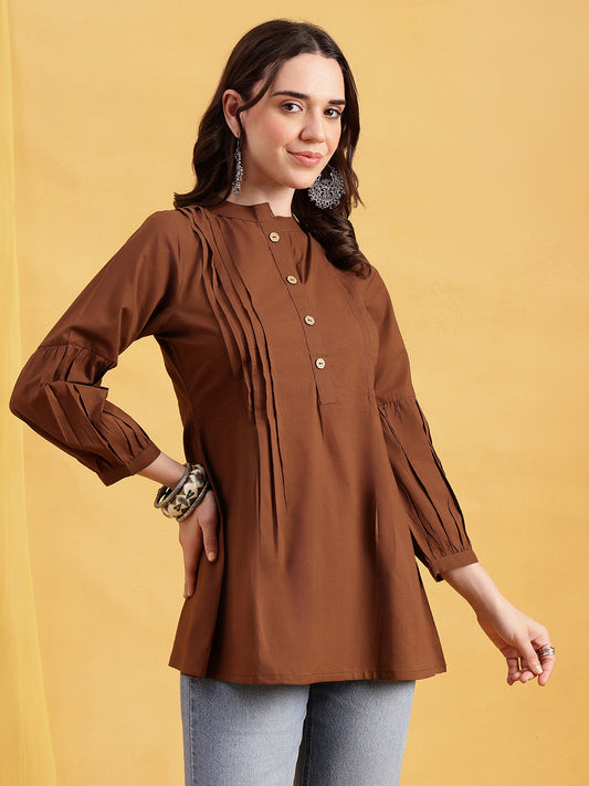 Brown Solid A-Line Cotton Stitched Tunic