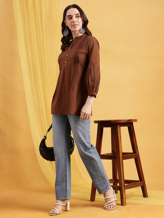 Brown Solid A-Line Cotton Stitched Tunic