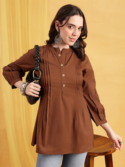 Brown Solid A-Line Cotton Stitched Tunic