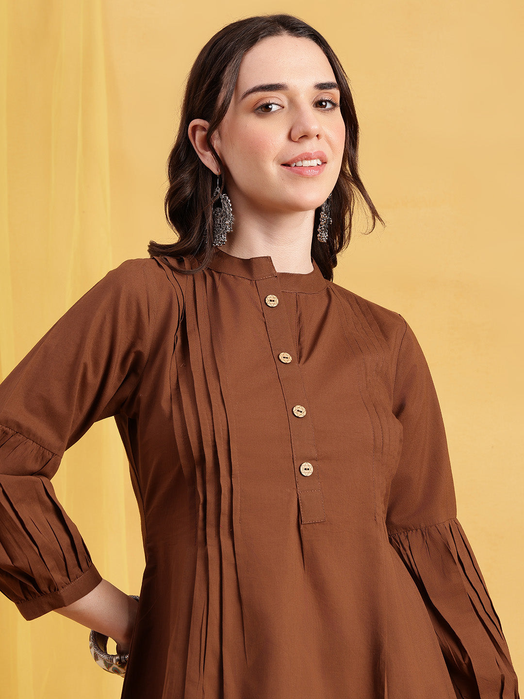 Brown Solid A-Line Cotton Stitched Tunic