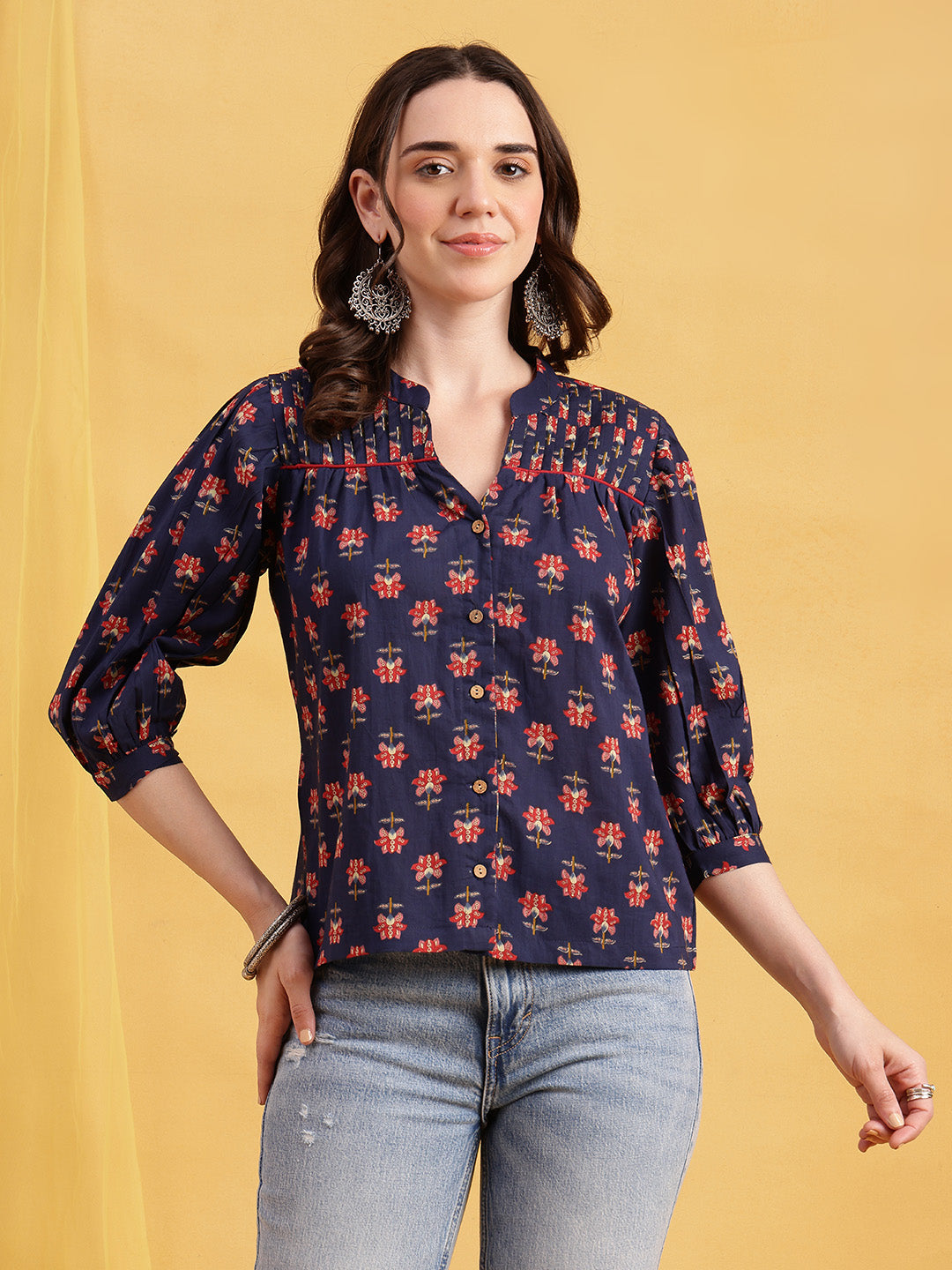Blue Floral Straight Cotton Stitched Top