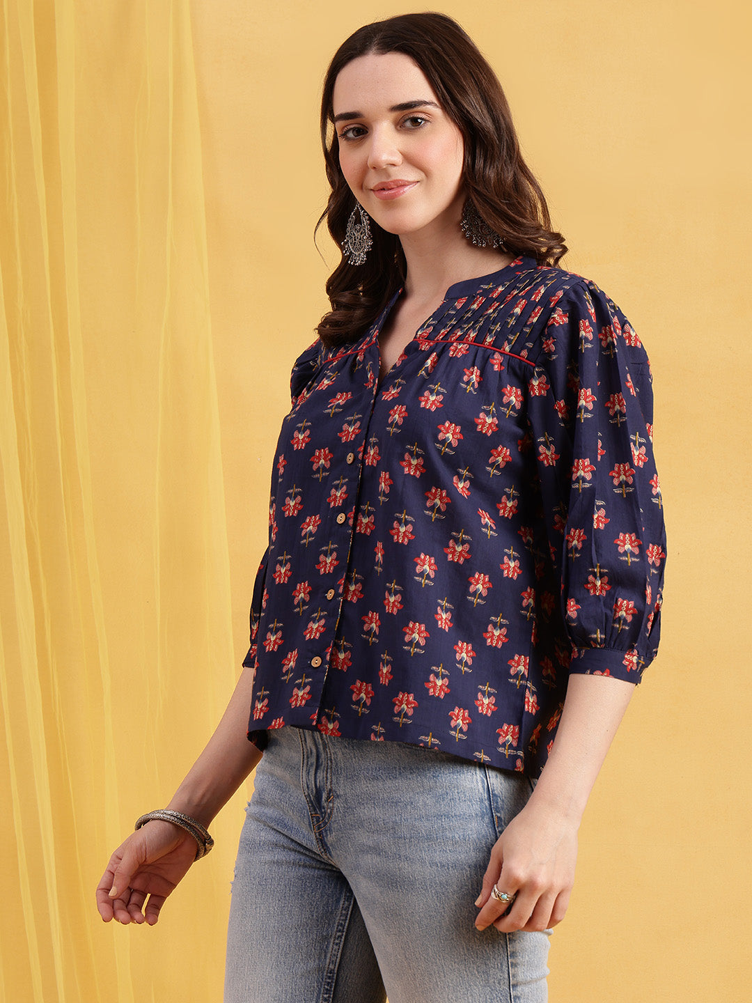 Blue Floral Straight Cotton Stitched Top