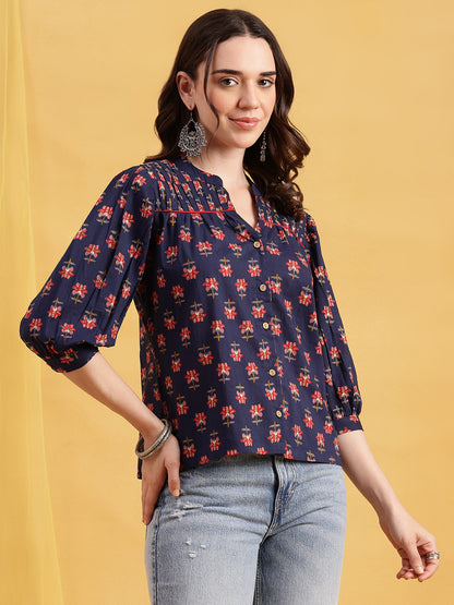 Blue Floral Straight Cotton Stitched Top