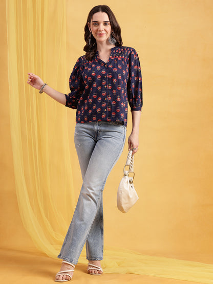 Blue Floral Straight Cotton Stitched Top