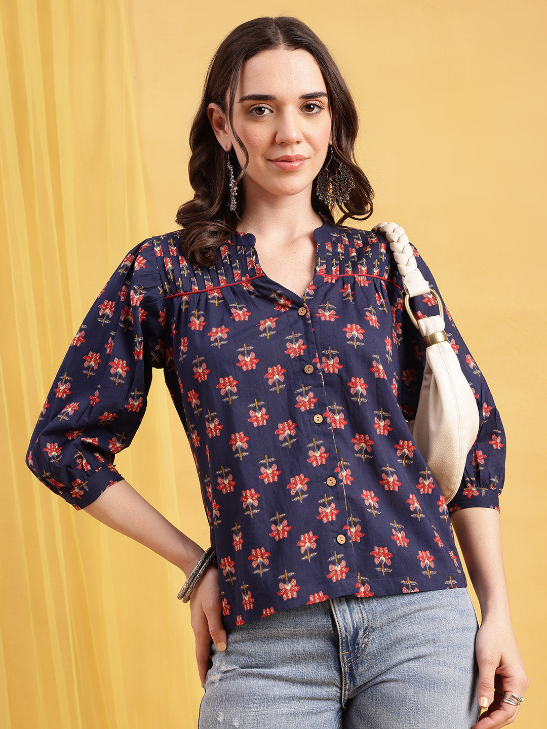 Blue Floral Straight Cotton Stitched Top
