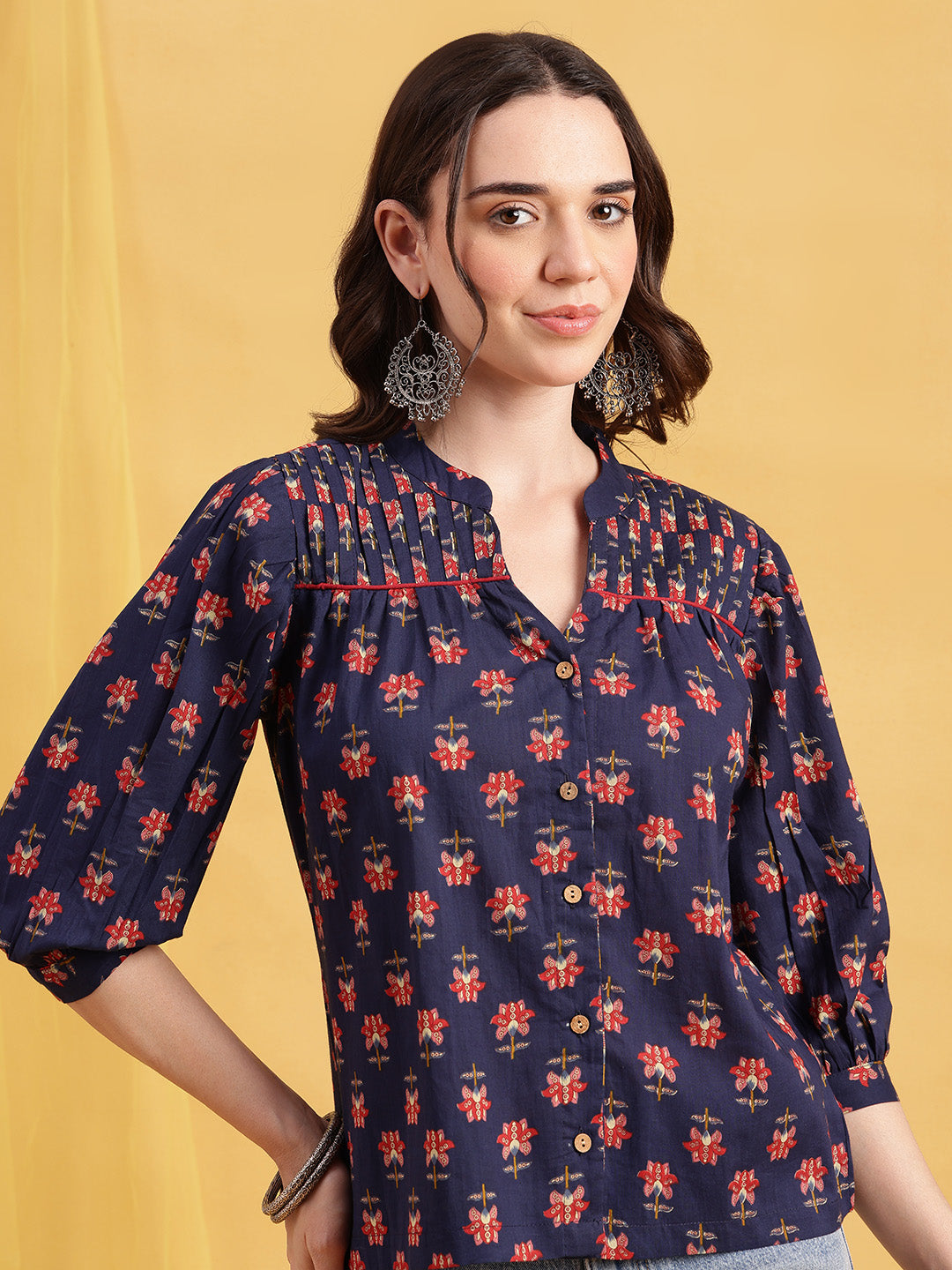 Blue Floral Straight Cotton Stitched Top