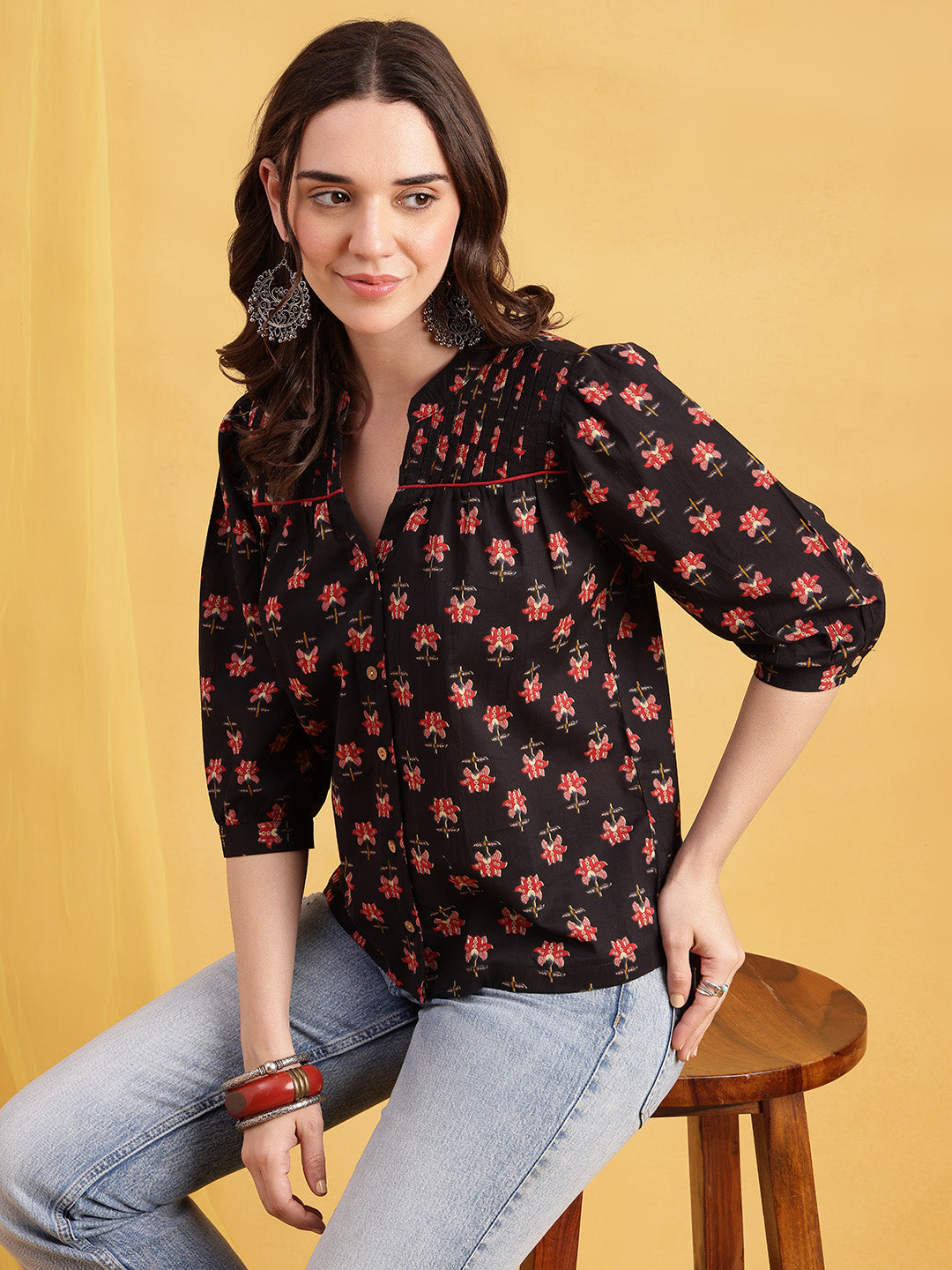 Black Floral Straight Cotton Stitched Top