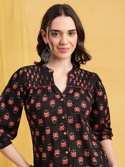 Black Floral Straight Cotton Stitched Top