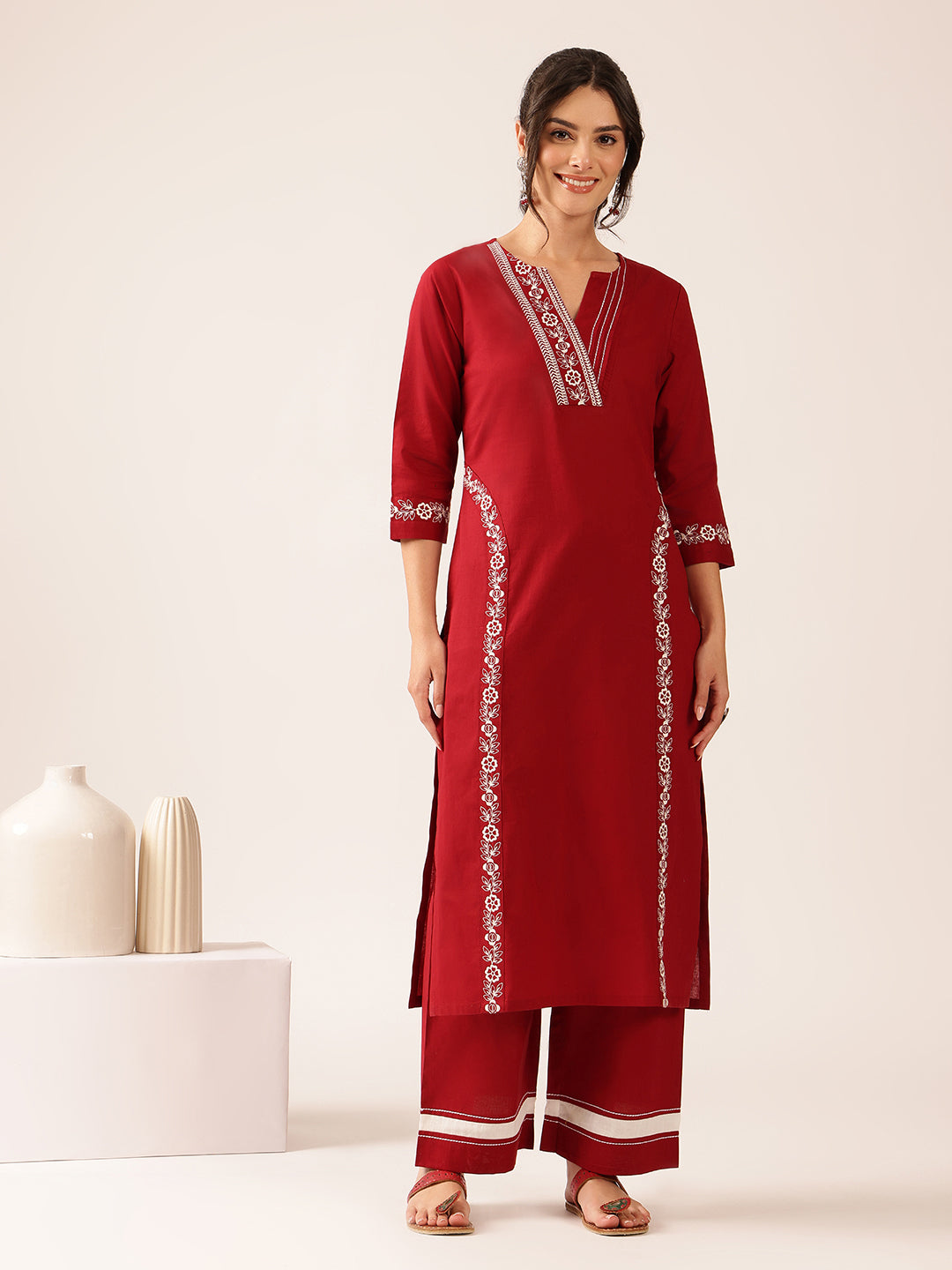 Maroon Yoke Design Straight Cotton Stitched Kurta With Palazzo
