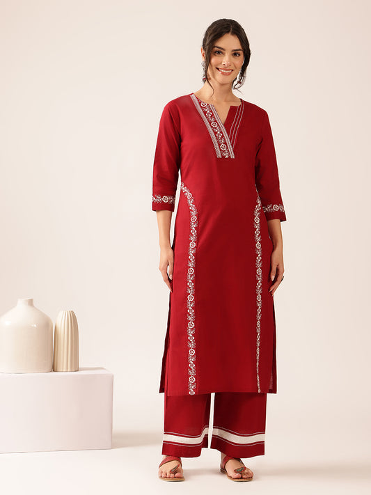 Maroon Yoke Design Straight Cotton Stitched Kurta With Palazzo