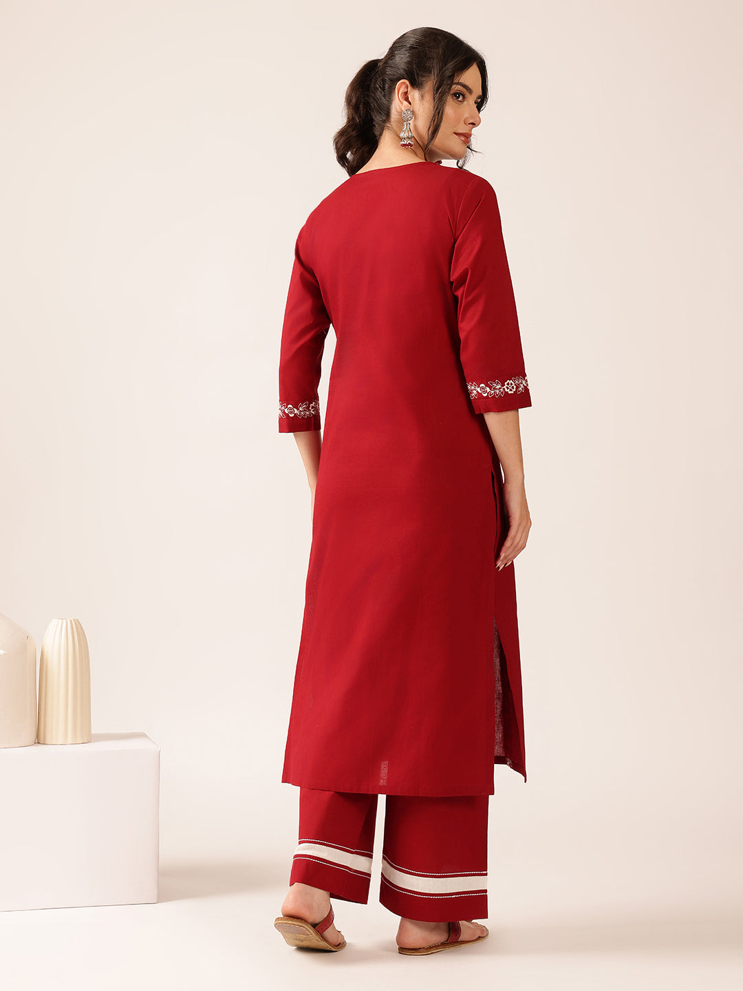 Maroon Yoke Design Straight Cotton Stitched Kurta With Palazzo