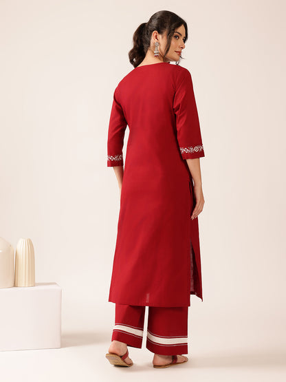 Maroon Yoke Design Straight Cotton Stitched Kurta With Palazzo