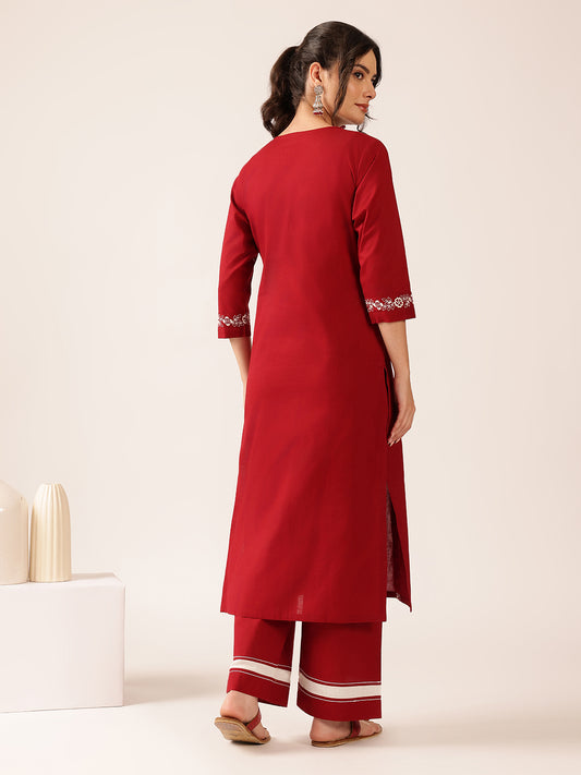 Maroon Yoke Design Straight Cotton Stitched Kurta With Palazzo