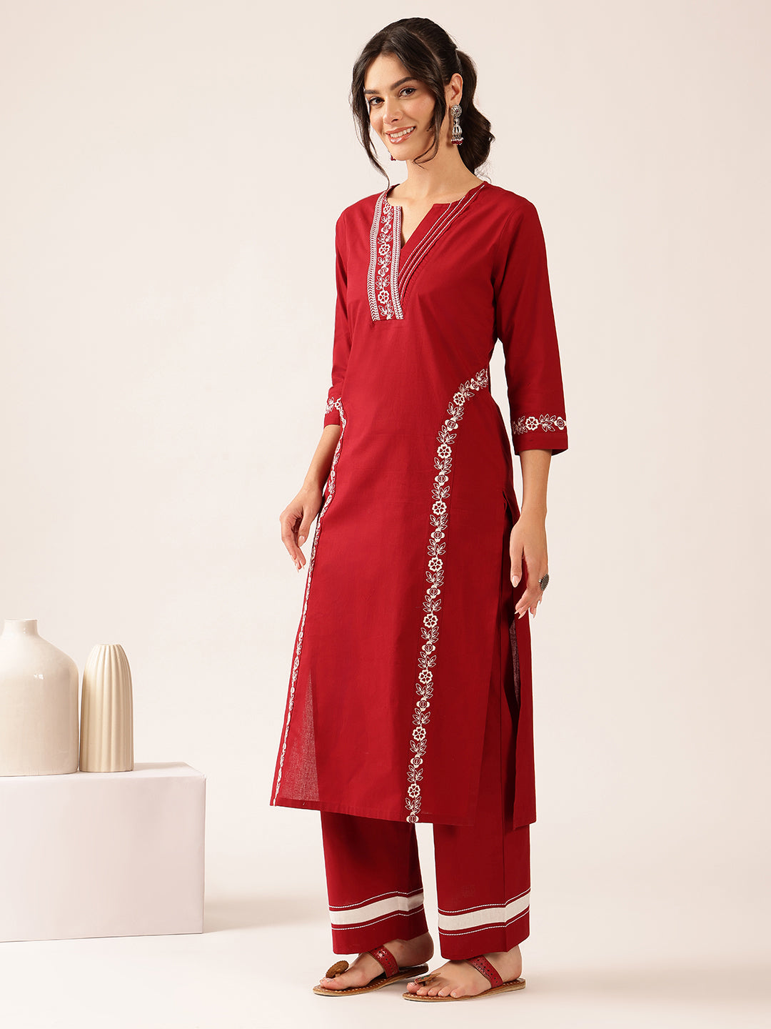 Maroon Yoke Design Straight Cotton Stitched Kurta With Palazzo