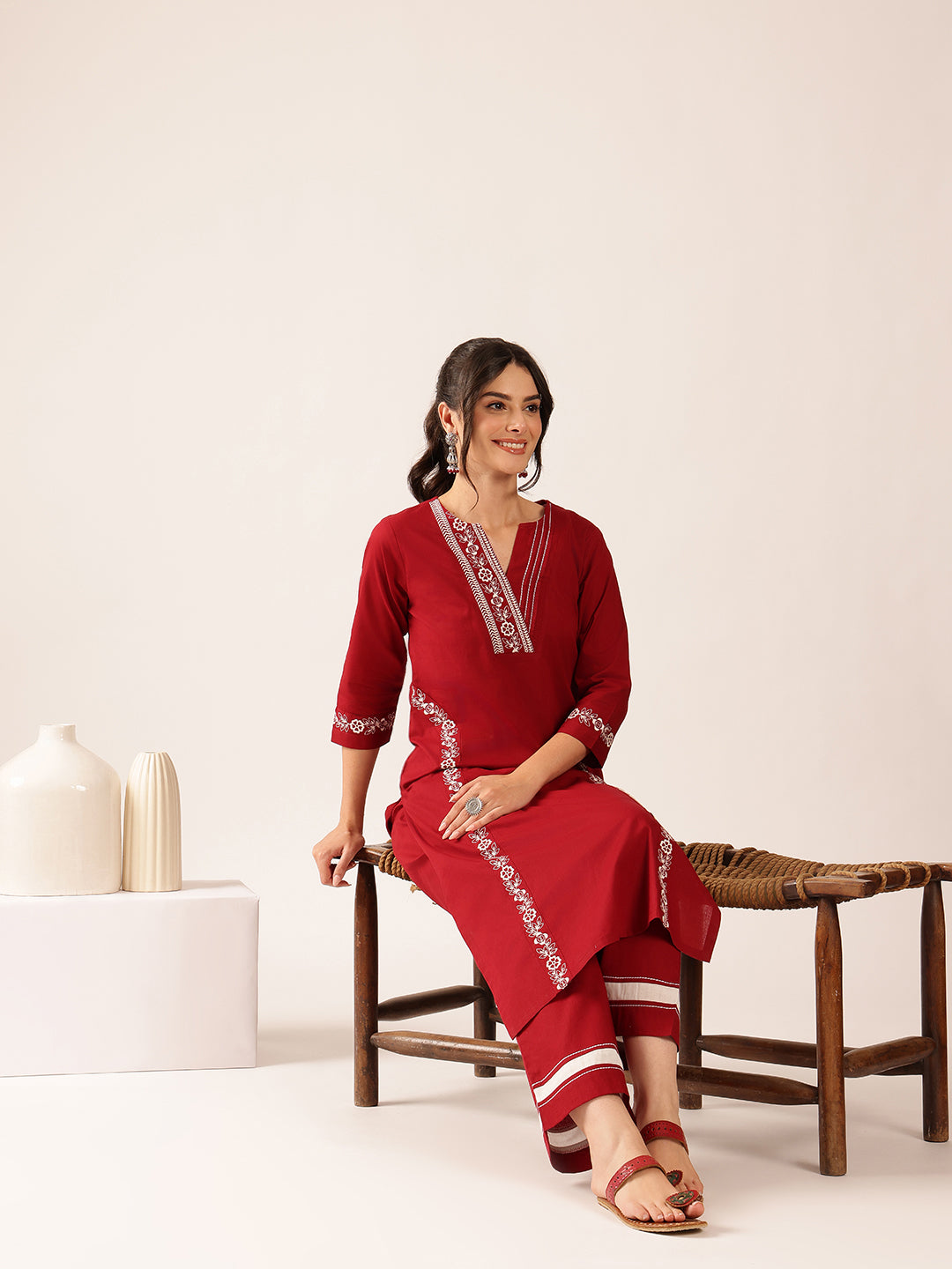 Maroon Yoke Design Straight Cotton Stitched Kurta With Palazzo