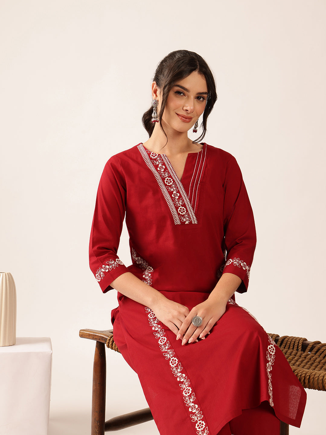Maroon Yoke Design Straight Cotton Stitched Kurta With Palazzo