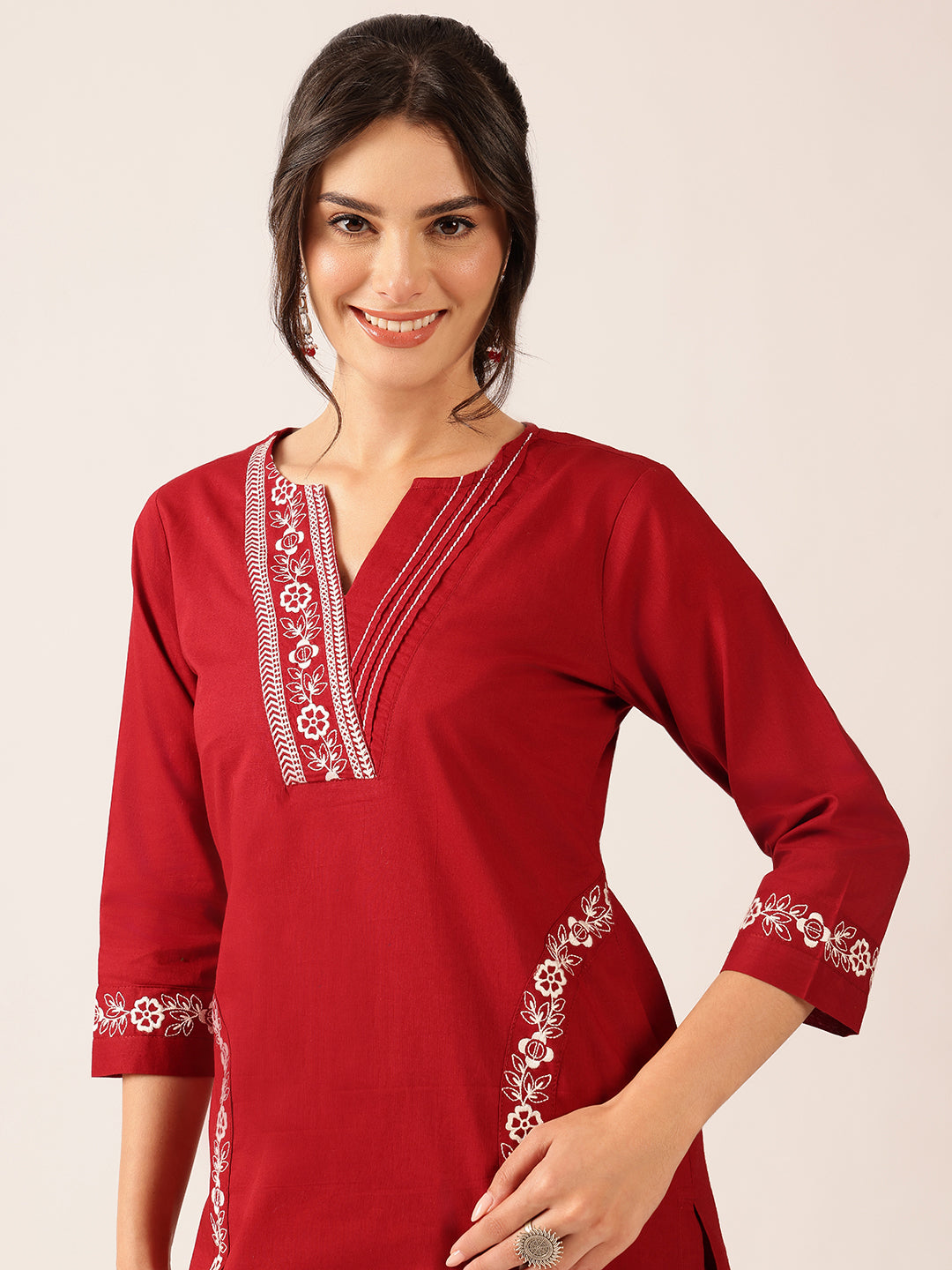 Maroon Yoke Design Straight Cotton Stitched Kurta With Palazzo