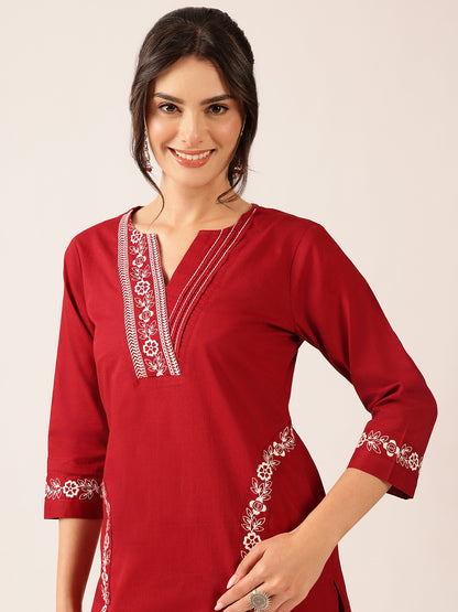Maroon Yoke Design Straight Cotton Stitched Kurta With Palazzo