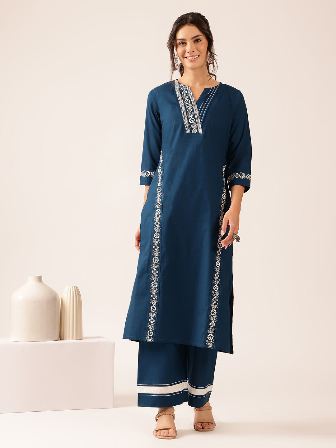 Teal Yoke Design Straight Cotton Stitched Kurta With Palazzo