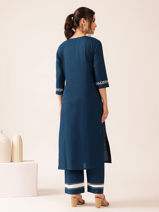 Teal Yoke Design Straight Cotton Stitched Kurta With Palazzo