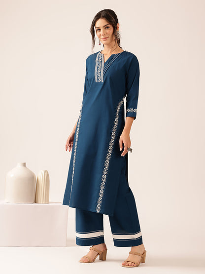 Teal Yoke Design Straight Cotton Stitched Kurta With Palazzo