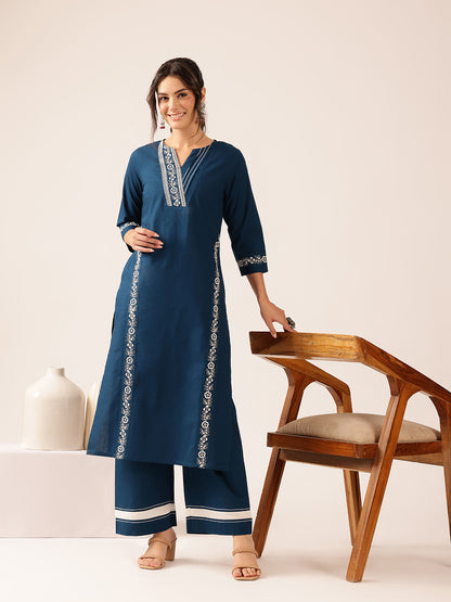 Teal Yoke Design Straight Cotton Stitched Kurta With Palazzo