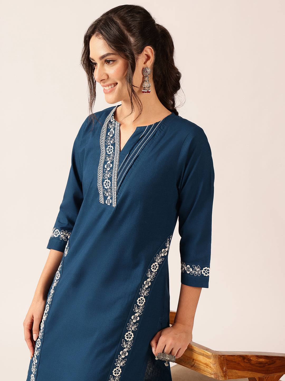 Teal Yoke Design Straight Cotton Stitched Kurta With Palazzo