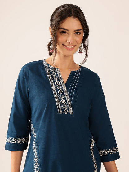 Teal Yoke Design Straight Cotton Stitched Kurta With Palazzo