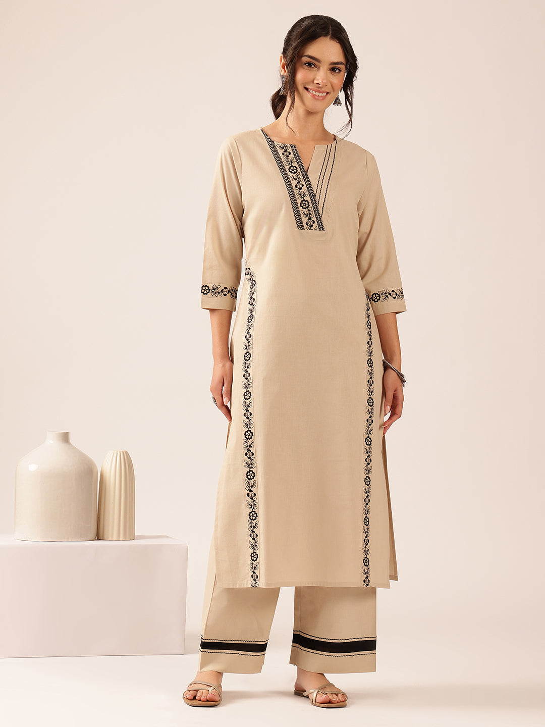 Off White  Yoke Design Straight Cotton Stitched Kurta With Palazzo
