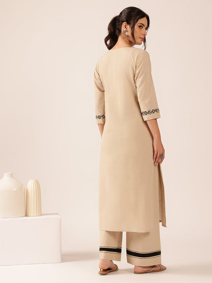 Off White  Yoke Design Straight Cotton Stitched Kurta With Palazzo