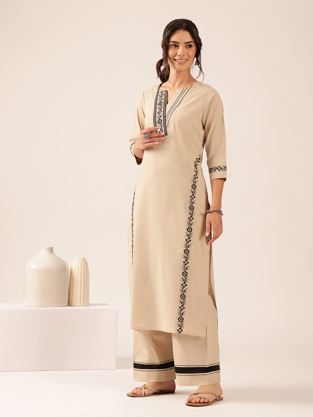 Off White  Yoke Design Straight Cotton Stitched Kurta With Palazzo