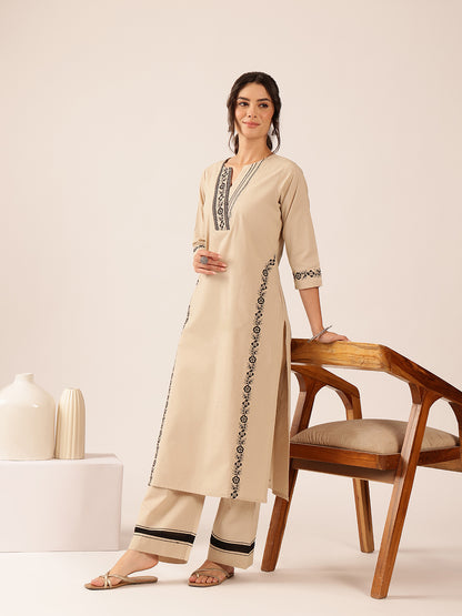 Off White  Yoke Design Straight Cotton Stitched Kurta With Palazzo