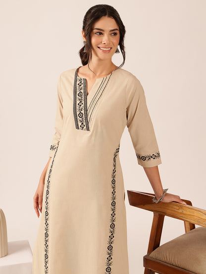 Off White  Yoke Design Straight Cotton Stitched Kurta With Palazzo