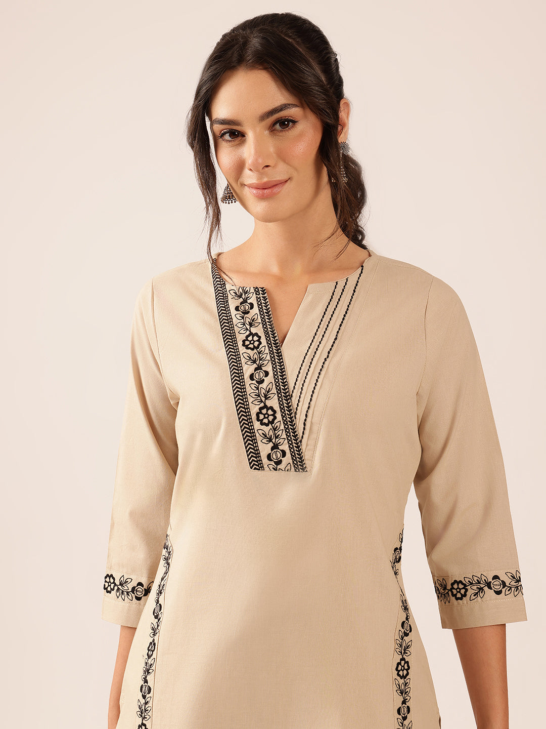 Off White  Yoke Design Straight Cotton Stitched Kurta With Palazzo