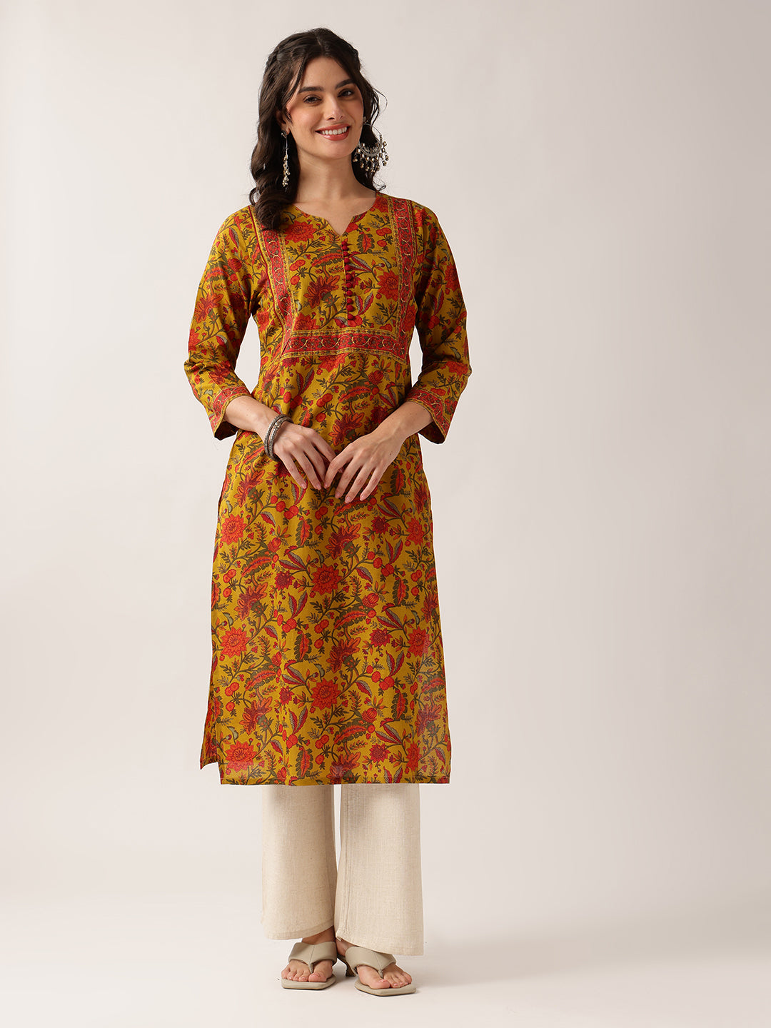 Yellow Floral Straight Cotton Kurta