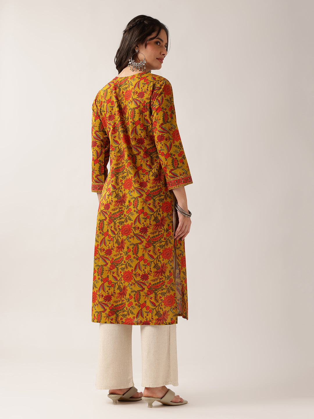 Yellow Floral Straight Cotton Kurta
