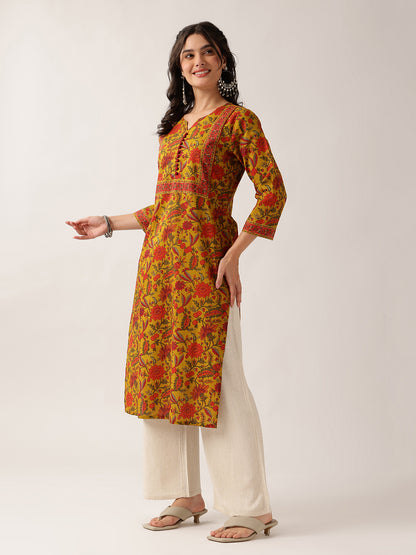 Yellow Floral Straight Cotton Kurta